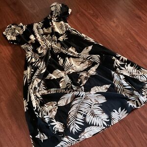 Black and White Leaf Print shorts romper with long dress like attached skirt